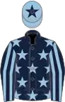 Dark blue, light blue stars, striped sleeves, light blue cap, dark blue star