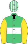 Emerald green, white hoop, yellow sleeves, emerald green and white striped cap