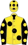 Yellow, large black spots, black sleeves, yellow spots, yellow cap, black spots
