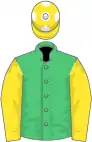 Emerald green, yellow sleeves, yellow cap