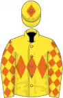 Yellow, orange triple diamond, diamonds on sleeves, yellow cap, orange diamond