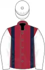 Maroon, dark blue braces, white sleeves and cap