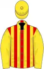Red and yellow stripes, yellow sleeves and cap