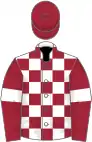 White and maroon check, maroon sleeves, white armlets, maroon cap