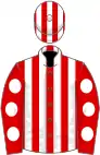 Red and white stripes, red sleeves, white spots