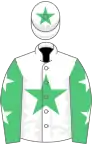 White, emerald green star, emerald green sleeves, white stars, white cap, emerald green star