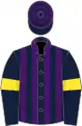 Dark blue and purple stripes, dark blue sleeves, yellow armlets, dark blue and purple hooped cap