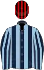 Light blue and dark blue stripes, black and red striped cap