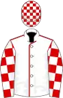 White, red seams, red and white check sleeves and cap