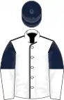 White, black seams, dark blue and white halved sleeves, dark blue cap
