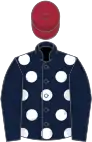 Dark blue, white spots on body, maroon cap