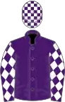 Purple, white diamonds on sleeves, check cap