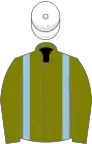 Olive green, light blue braces, white cap
