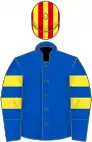 Royal blue, two yellow armlets, red and yellow striped cap