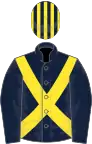 Dark blue, yellow cross belts, striped cap