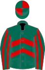 Dark green and red chevrons, striped sleeves, quartered cap