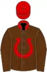 Brown, red horsehoe, collar and cap