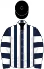 Dark blue and white stripes, hooped sleeves, black cap