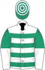 White, emerald green hoops, emerald green and white halved sleeves, emerald green and white hooped cap