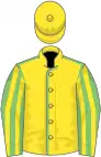 Yellow, light green seams, light green and yellow striped sleeves, yellow cap