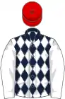 Dark blue and white diamonds, white sleeves, red cap