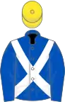 Royal blue, white cross belts, yellow cap