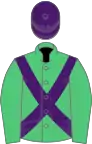 Emerald green, purple cross belts, purple cap