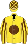 Yellow, Brown disc, striped sleeves, hooped cap