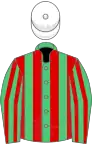 Emerald green and red stripes, white cap