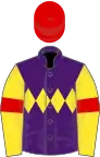 Purple, yellow triple diamond, yellow sleeves, red armlets, red cap