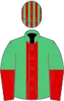 Emerald green, red stripe, halved sleeves, emerald green and red striped cap