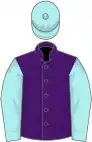 Purple, pale blue sleeves and cap