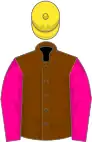 Chocolate, magenta sleeves, yellow cap