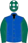 Royal blue, dark green sleeves, dark green cap, white spots