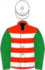 Scarlet and white hoops, green sleeves, white cap
