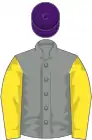 Grey, yellow sleeves, purple cap