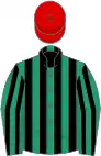 Emerald green and black stripes, red cap