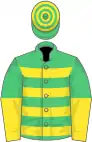Emerald green, yellow hoops, halved sleeves