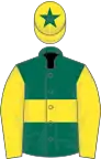 Dark green, yellow hoop and sleeves, yellow cap, dark green star
