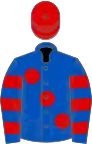 Royal blue, large red spots, hooped sleeves, red cap