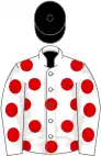 White, red spots, black cap