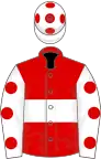 Red, white hoop, white sleeves, red spots, white cap, red spots