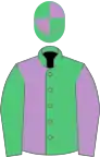 Emerald green and mauve halved, slvs reversed, quartered cap