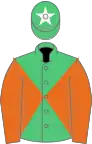 Emerald green and orange diabolo, orange sleeves, emerald green cap, white star