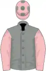 Grey, pink sleeves, pink cap, grey spots