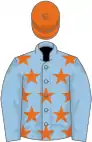 Light blue, orange stars, light blue sleeves, orange cap