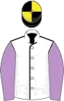 White, black seams, mauve sleeves, black and yellow quartered cap