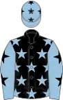 Black, light blue stars, light blue sleeves, black stars and stars on cap