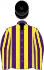 Purple and yellow stripes, black cap