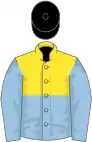 Yellow and light blue halved horizontally, light blue sleeves, black cap